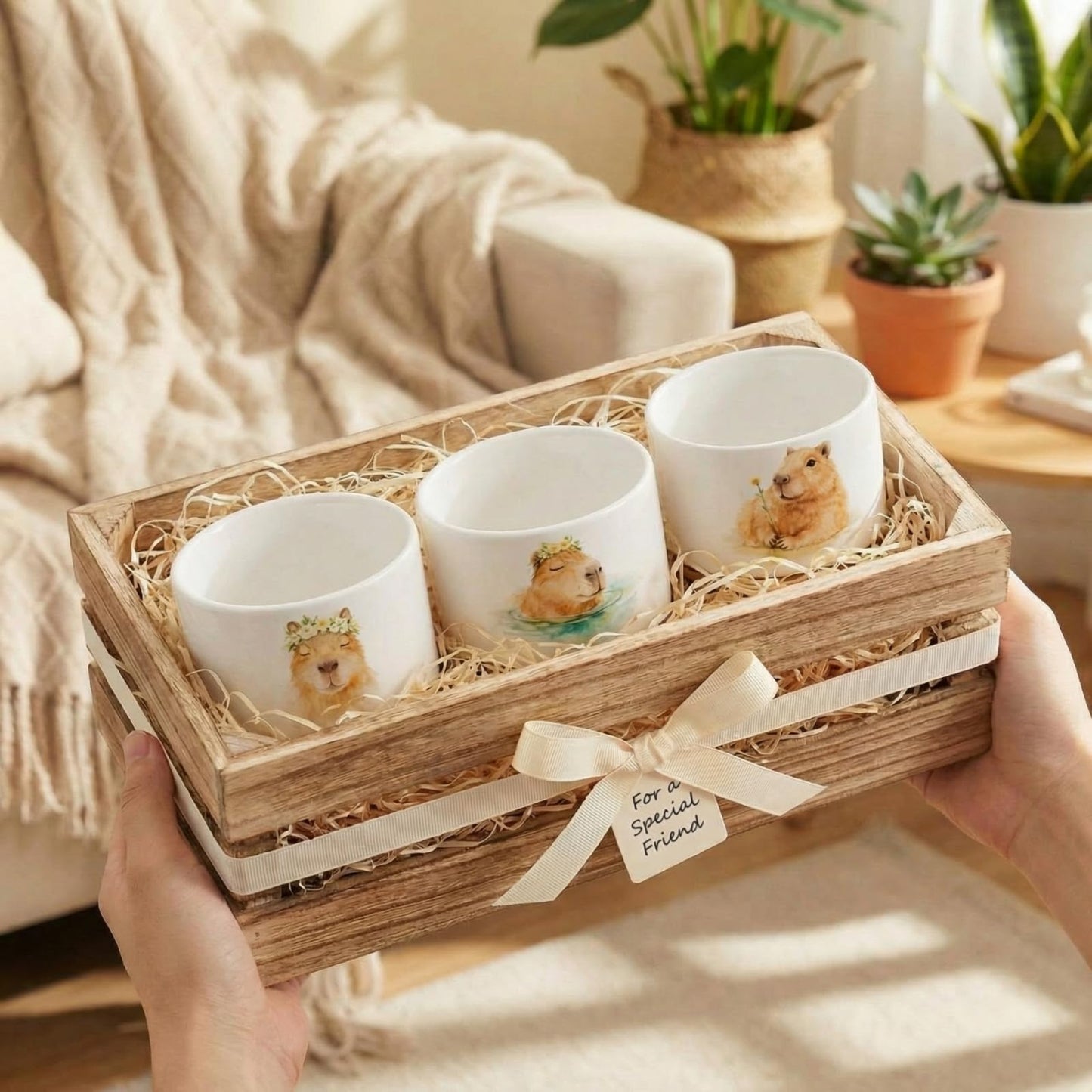 Jingmore 3 Pcs Capybara Decor Gift for Women Planter Ceramic Gift Animal Plant Pot with Bamboo Tray for Office Home Farm House Bathroom Kitchen Christmas Decorations (No Plants Included)