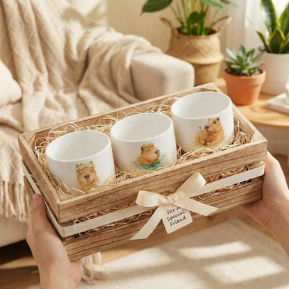 Jingmore 3 Pcs Capybara Decor Gift for Women Planter Ceramic Gift Animal Plant Pot with Bamboo Tray for Office Home Farm House Bathroom Kitchen Christmas Decorations (No Plants Included)