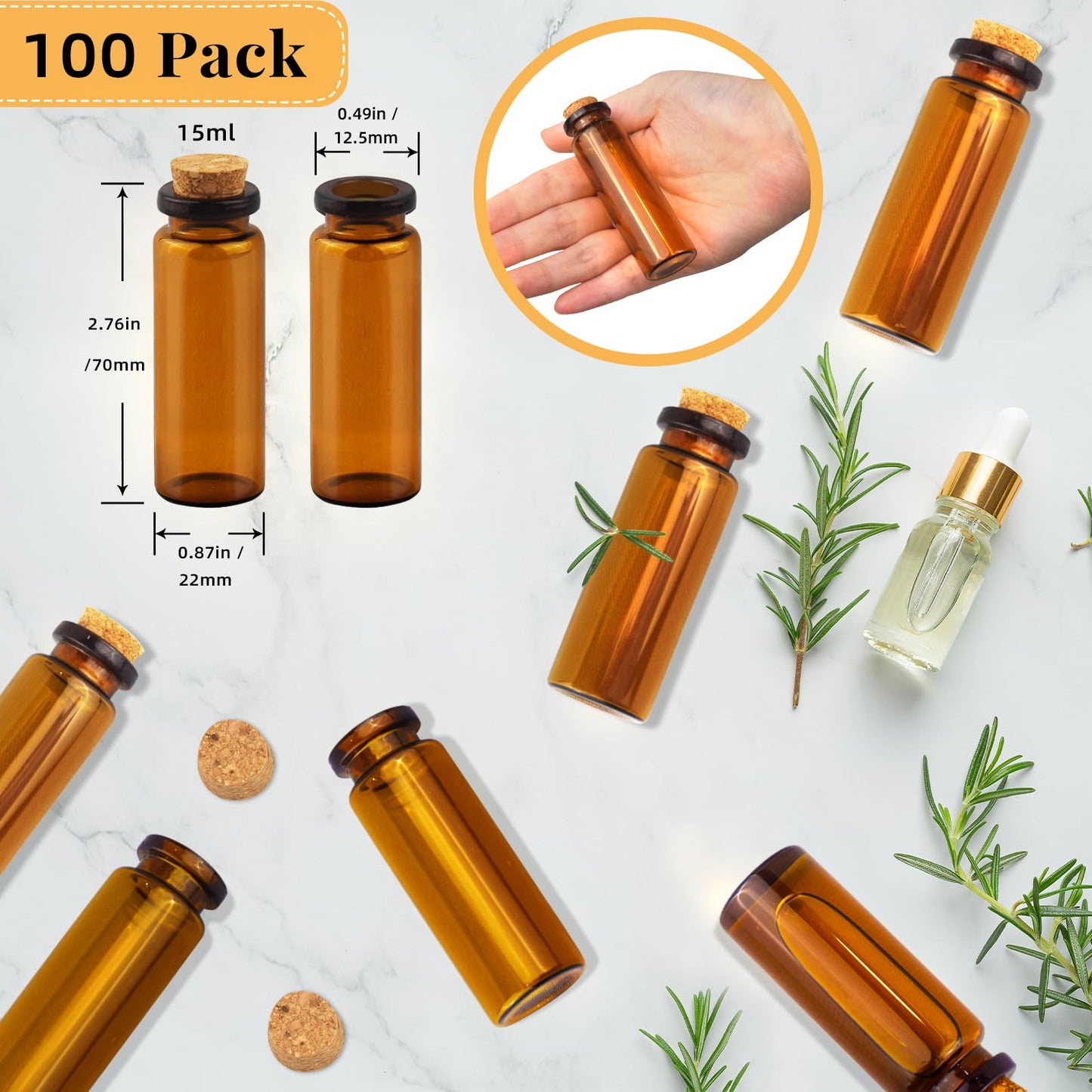 100 Pcs 15ml Small Brown Glass Bottles with Corks, Amber Vials for DIY Crafts, Wedding Decor, Halloween Potion Bottles, Perfume Samples & Message in a Bottle