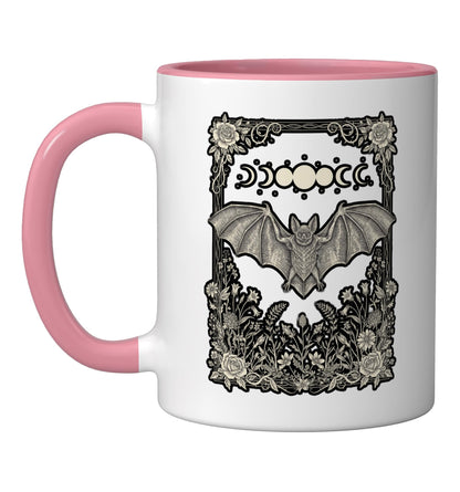 Halloween Bat Moon Phases Vintage Engraving Gothic FloralArt Ceramic Mug, Pink/White