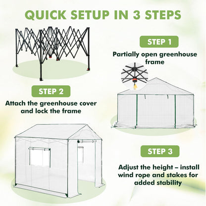 EAGLE PEAK 8x8 Portable Pop Up Greenhouse, Patented Center Lock Easy One Person Setup, Walk-in Outdoor Greenhouse with Gable Roof, Weight Bags, Zippered Doors & Windows, White