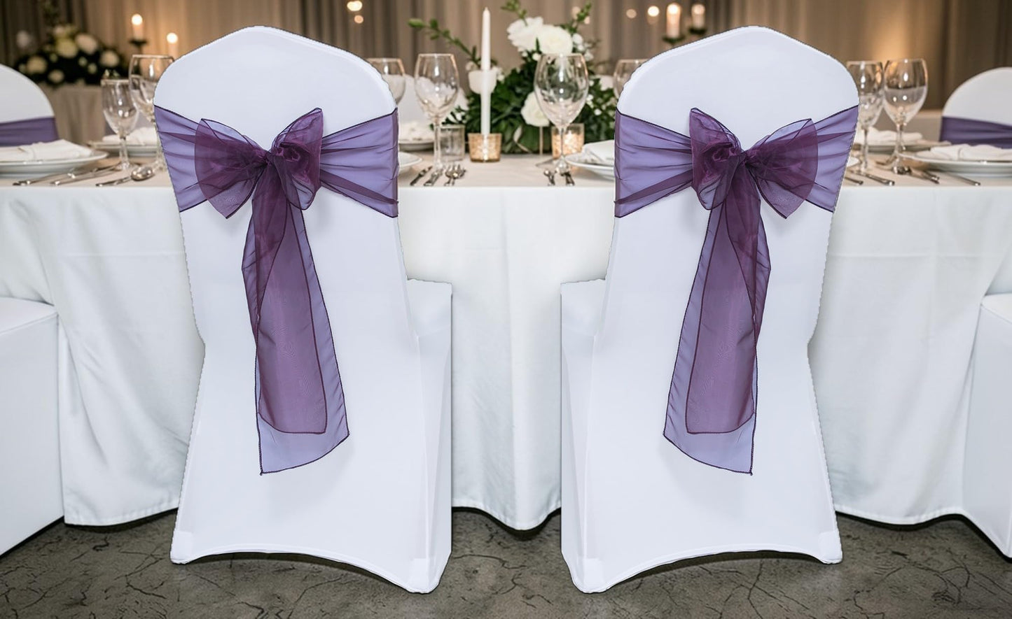 MDS® Pack of 25 Organza Chair Sashes for Wedding Decoration, Reusable Sheer Chair Bows for Banquet Chair Cover, Reception, Bridal Shower, Baby Shower, Birthday Party & Special Events - Plum