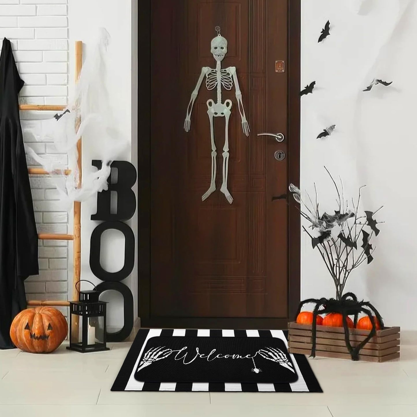 Tinideya 2 Pcs Summer Halloween Door Mats Outdoor Gothic Skull Welcome Front Doormat Linen Rubber Layered Black White Striped Skeleton Mats Nonslip Washable Halloween Decor for Front Porch Entryway