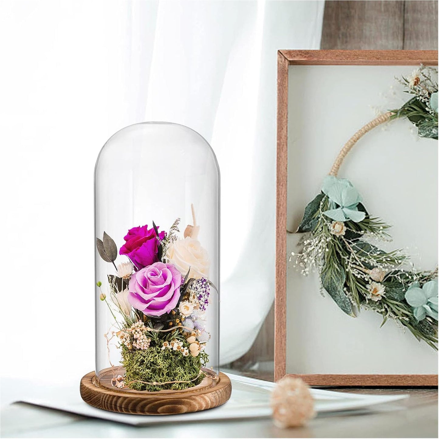 PTAHAN Glass Cloche Dome with Coffee Wood Base - 4.7" x 11" Display Case for Terrariums, Collectibles & Home Decor, Glass Dome Cloche with Natural Wood Base, Bell Jar Display Cover