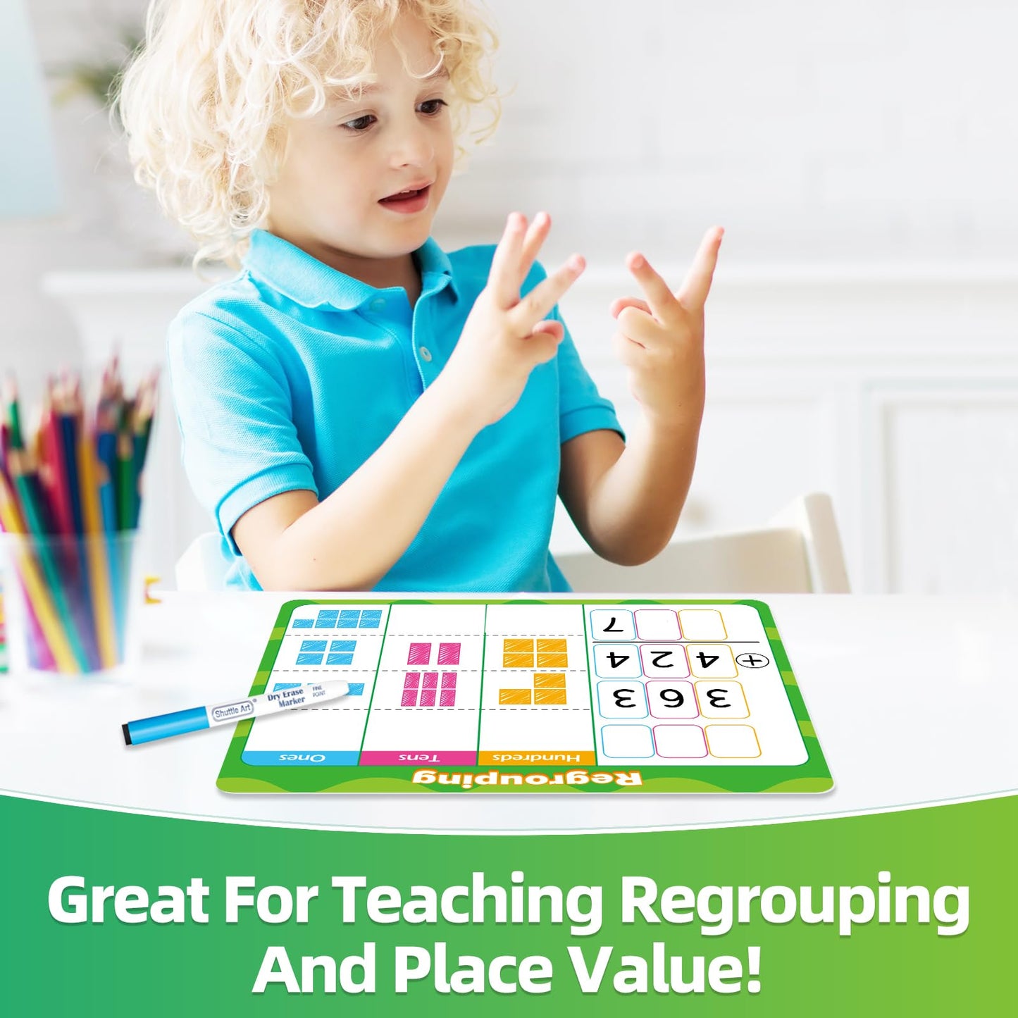 Laffunz 12 PCS Place Value Chart Dry Erase Flash Cards, Addition and Subtraction Learning Math Games for Kids, Base Ten Board Math Manipulatives 1st 2nd 3rd Grade Teacher Classroom Must Haves