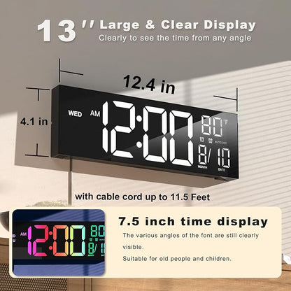 JALL 13" Large Digital Wall Mount Clock for Living Room, Count Down Timer, Alarm, Big LED, DST, Temperature for Classroom Desk, Xmas, Birthday Gift for Senior Mom Dad