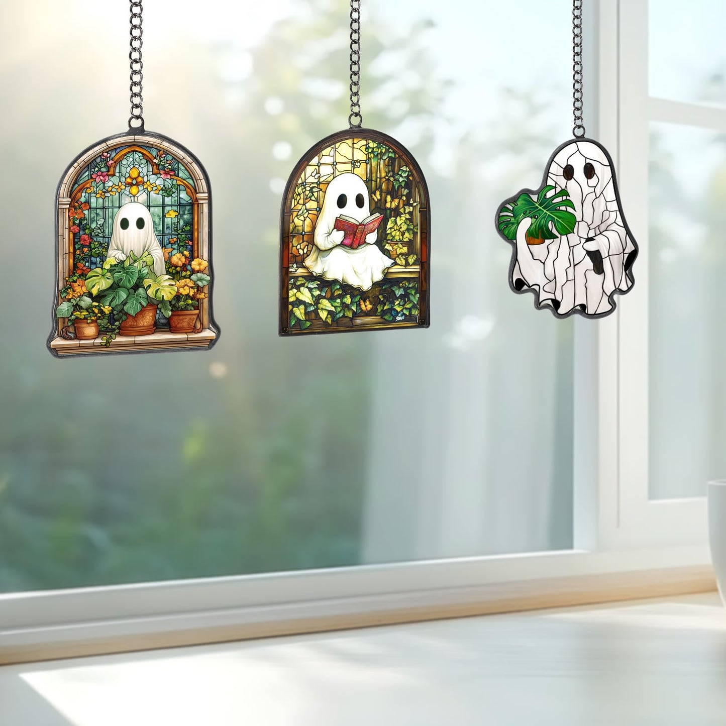 Bucherry 3 Pcs Halloween Ghost Suncatcher Halloween Stained Glass Plant Reading Book Glass Suncatcher Window Hangings Ornaments Cute Ghost Plant Hanging Decor for Home Office Kitchen Living Room Wall