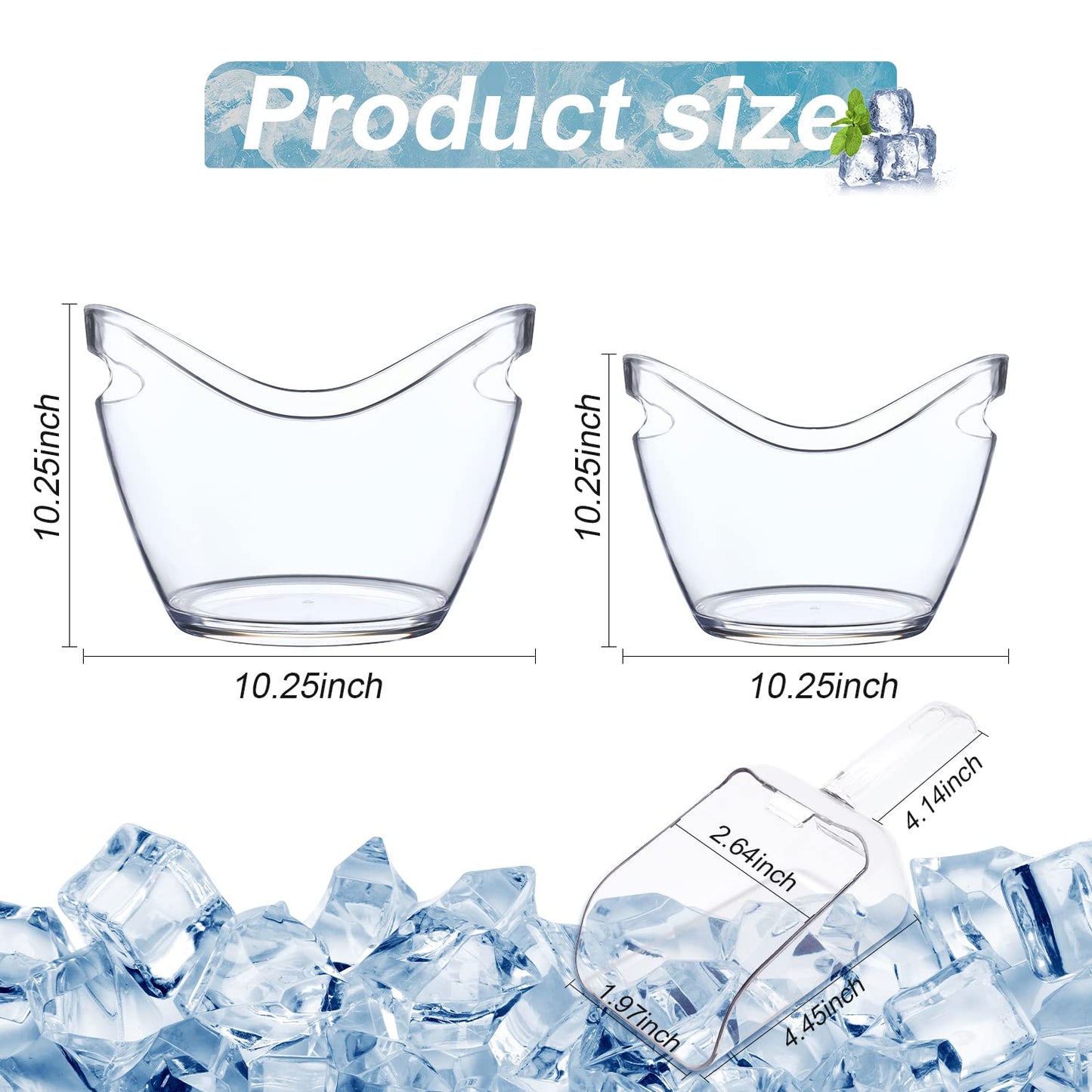 Mwellewm Beverage Tubs for Parties Plastic Ice Bucket for Cocktail Bar Clear Acrylic Wine Bucket with Scoops Drink Bucket Cooler for Chiller Bin for Champagne or Beer (8 L, 4 L)