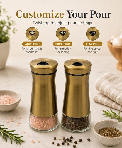 Elegant Gold Salt and Pepper Shaker Set Adjustable Pour Holes Stainless Steel and Glass Modern Design Adjustable Top Makes it the ideal Spice and Seasoning Dispenser Kitchen Sugar and Cinnamon Shakers