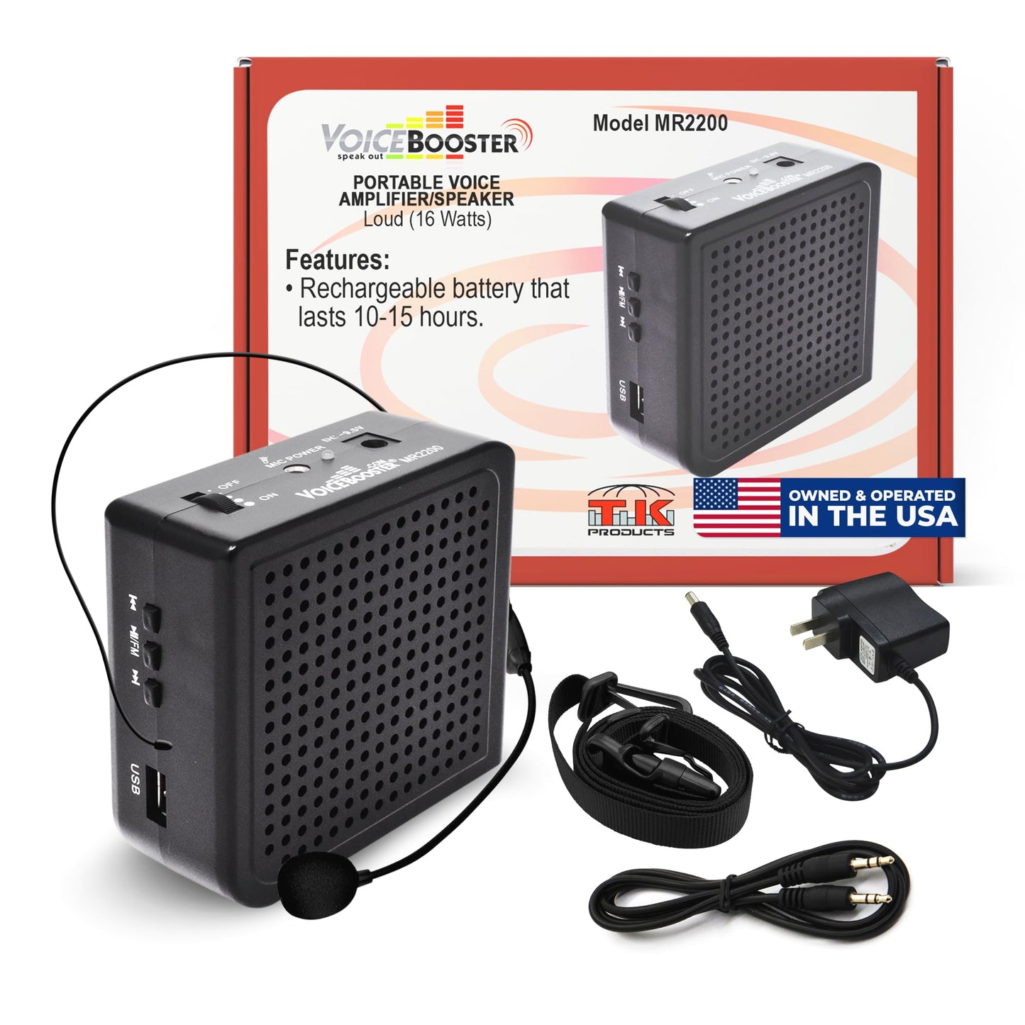 Voicebooster Portable Voice Amplifier for Teachers - 16W Rechargeable Megaphone Speaker & MP3 Player with Wearable Microphone Headset for Classroom, Tour Guide, Elderly, Public Speaking - MR2200