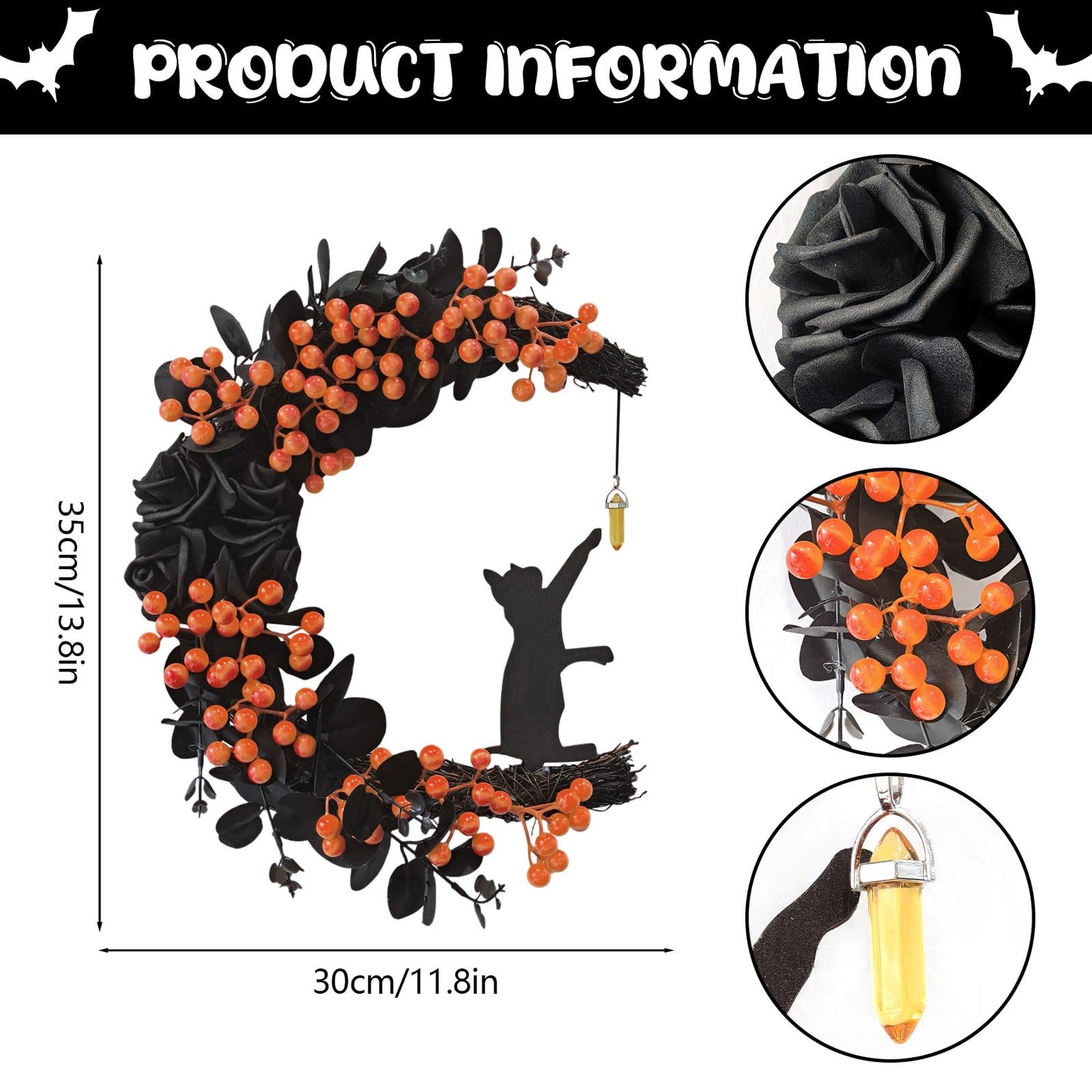 Halloween Decor, 2026 New Spooky Halloween Wreath with Lights, Black Cat Crescent Moon Design, Indoor Outdoor Front Door Wall Decor for Halloween Party