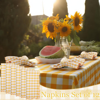 SmoothNovelty 12 Pack Buffalo Plaid Cloth Napkins 18x18 Inch Checkered Cloth Napkins Scalloped Soft Cotton Table Mat Washable Reusable for Dinner Wedding Holiday Birthday Parties (Classic,Yellow)