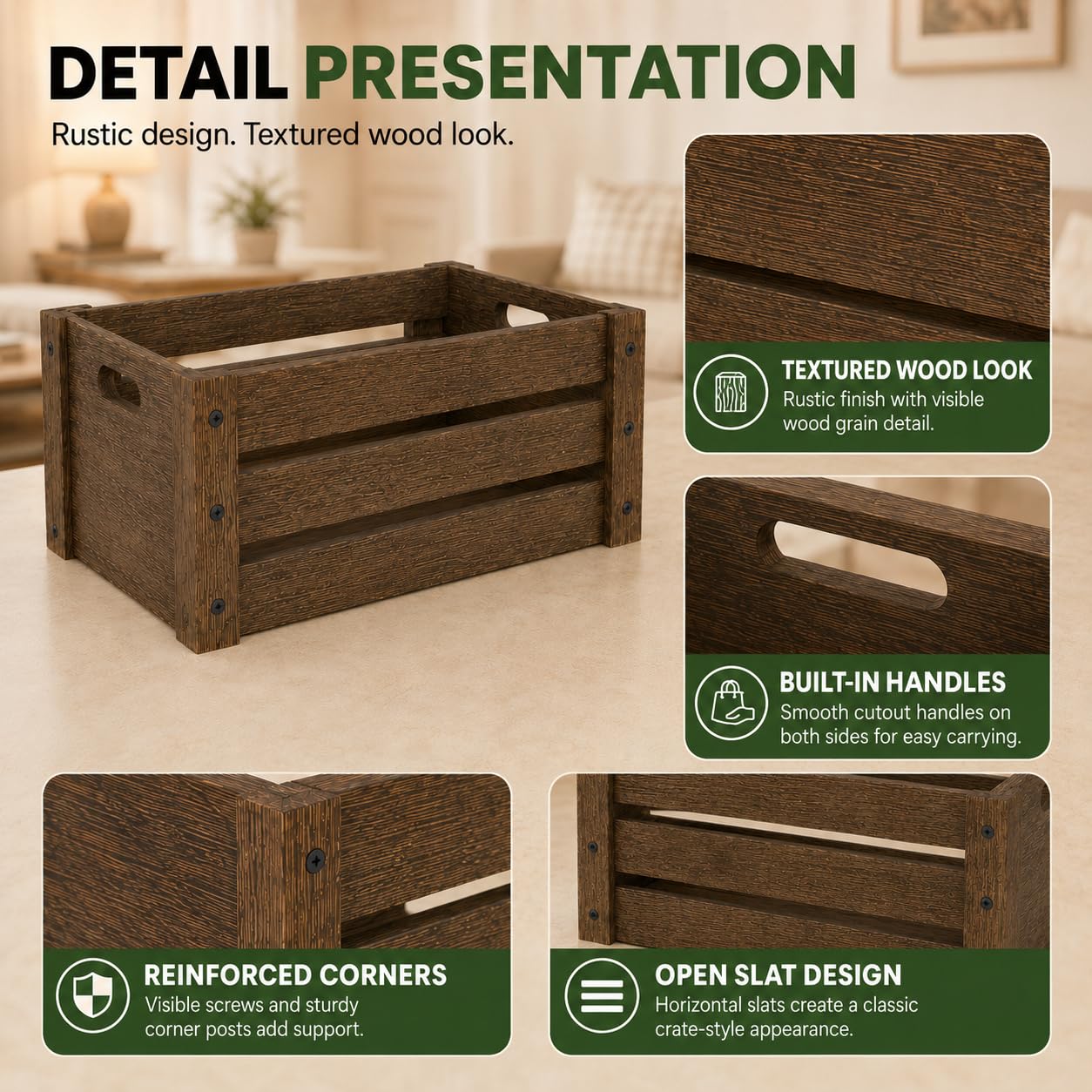 BOY MCOWBOY Wooden Crates for Display, 3 Pack Large Rustic Handmade Wood Crate for Storage, Wooden Basket with Handles, Nesting Crates Boxes for Container and Decor Living Room Outdoor Christmas