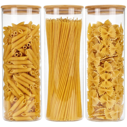 Moretoes 3 Pack 2qt Glass Storage Containers with Bamboo Press Lids, Large Airtight Food Storage Jars for Pantry, Flour, Sugar, Dry Goods