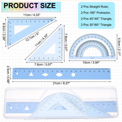 PATIKIL Geometry Set, 2 Pack 8 Inch Aluminum Ruler & 4 Triangles, Metal Protractor Ruler Math Drafting Measuring Tool for Home Office Math Drawing Engineering Art,Gradient Blue