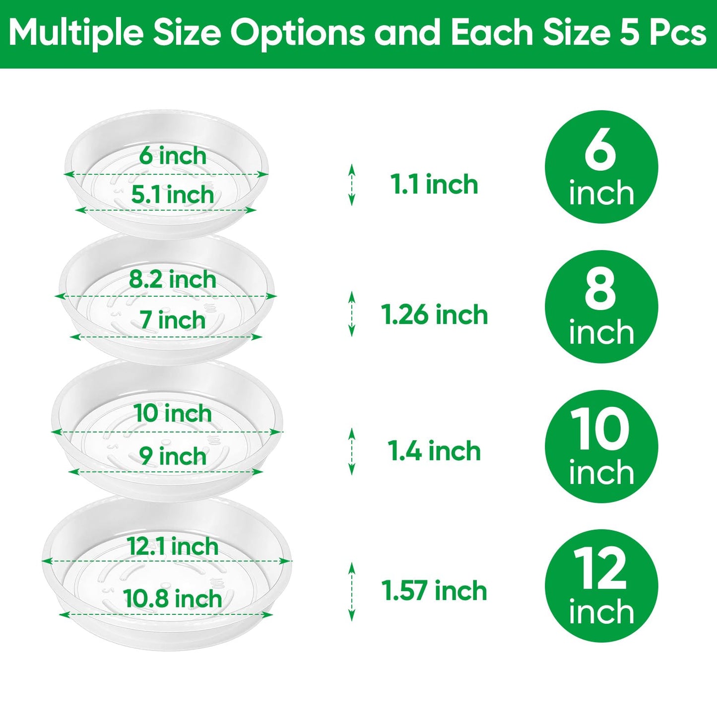 Dovesail 20 Pack Plant Saucer Tray, 6/8 /10/12 inch Heavy Duty Flower Pot Trays, Plastic Plant Saucer for Indoor & Outdoor Plants, Plant Trays to Catch Water, 5 Pieces of Each Size