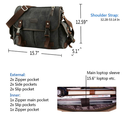 [Upgraded] Vintage Canvas Messenger Bag 13 15.6 17 inches Large Book Laptop Shoulder Bag Women Men New (Black, X-Large)