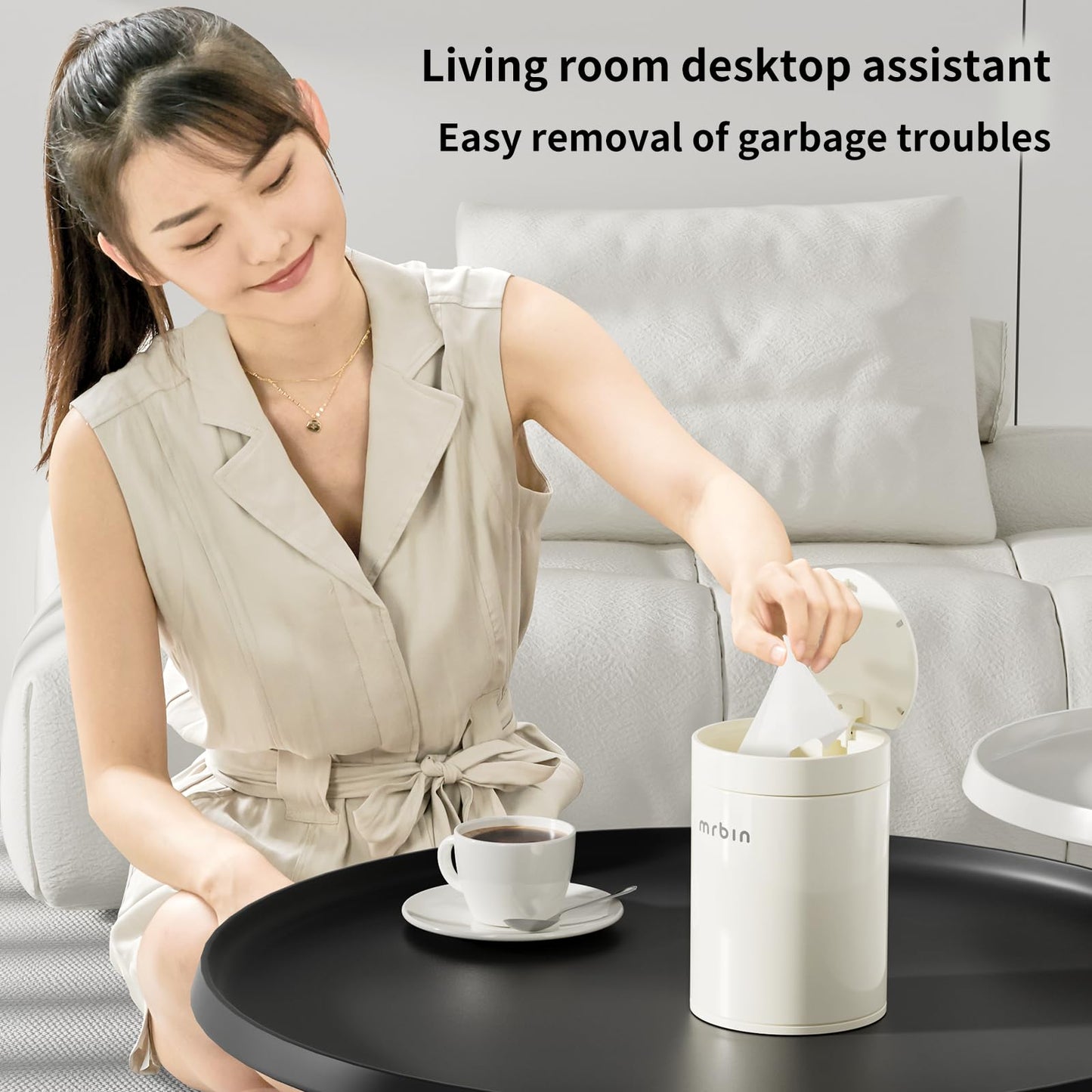 MRBIN Mini Desktop Trash Can with Press Lid, 1.5L/0.4Gal Cylindrical Stainless Steel Tabletop Garbage Bin, Cream White, Anti-Fingerprint, Small Waste Basket for Desk, Vanity, Office, Bedroom