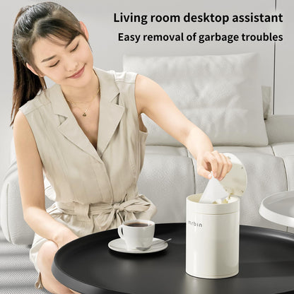 MRBIN Mini Desktop Trash Can with Press Lid, 1.5L/0.4Gal Cylindrical Stainless Steel Tabletop Garbage Bin, Cream White, Anti-Fingerprint, Small Waste Basket for Desk, Vanity, Office, Bedroom