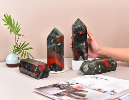 AMOYSTONE Healing Stone Tower Large African Bloodstone Healing Crystal Wand Hexagonal Point Obelisk Irregular 2-2.5 LBS, Spiritual Meditation, Reiki Chakra Gemstone Home Decor