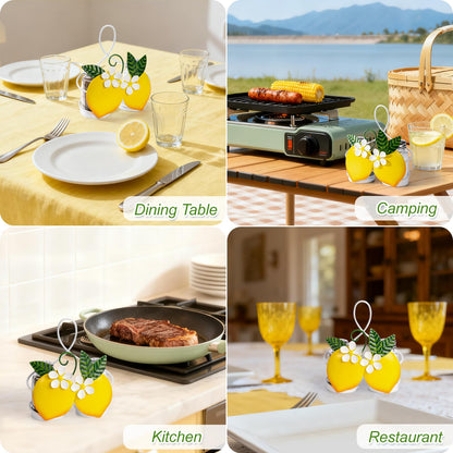 Lemon Cute Salt and Pepper Shakers Set with Holder - 2oz Seasoning Containers with Lemon Decor Holder, Yellow Kitchen Decor and Accessories, Housewarming Gifts for Women, Portable Metal Stand