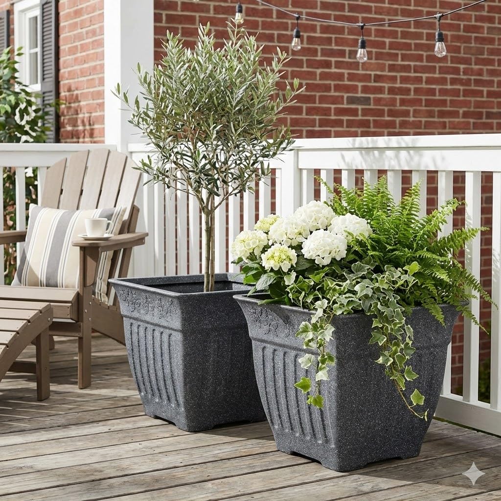 18'' Large Square Planter for Plants - 4 Pack Imitation Cement Plastic Flower Pots with Drainage Holes & 2cm Raised Base, 14 Gal Decorative Stone Like Garden Pot, Retro Plant Container