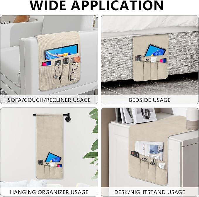 Remote Control Holder, Armchair Caddy Couch Caddy, Anti Slip Corduroy Tv Remote Holder Couch Caddy with 5 Pockets for Storage Couch Accessories Bedside Organizer Senior Citizen Gifts
