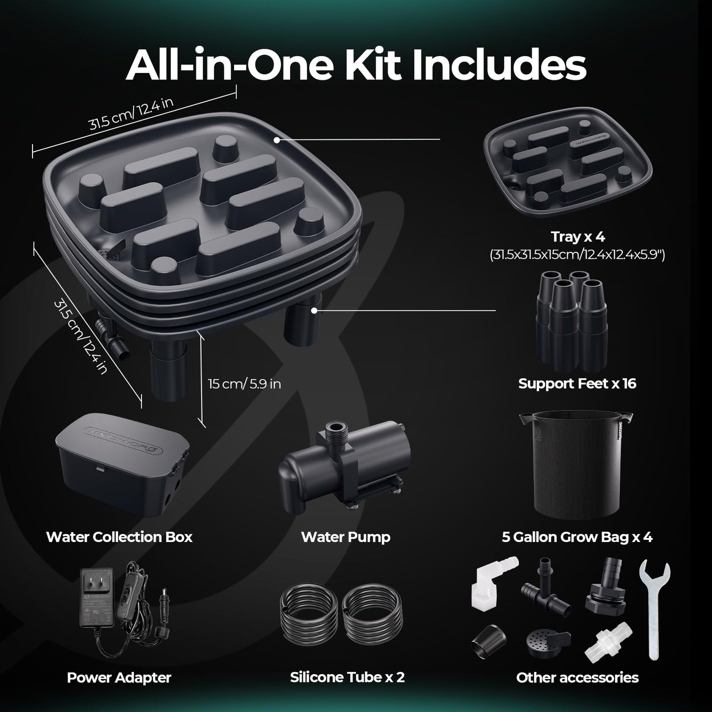 MARS HYDRO Auto Drainage System with Water Pump, 4 Elevated Runoff Trays & 4-Pack 5 Gallon Grow Bags, Plant Drainage Saucers for Indoor Plants Grow Tents