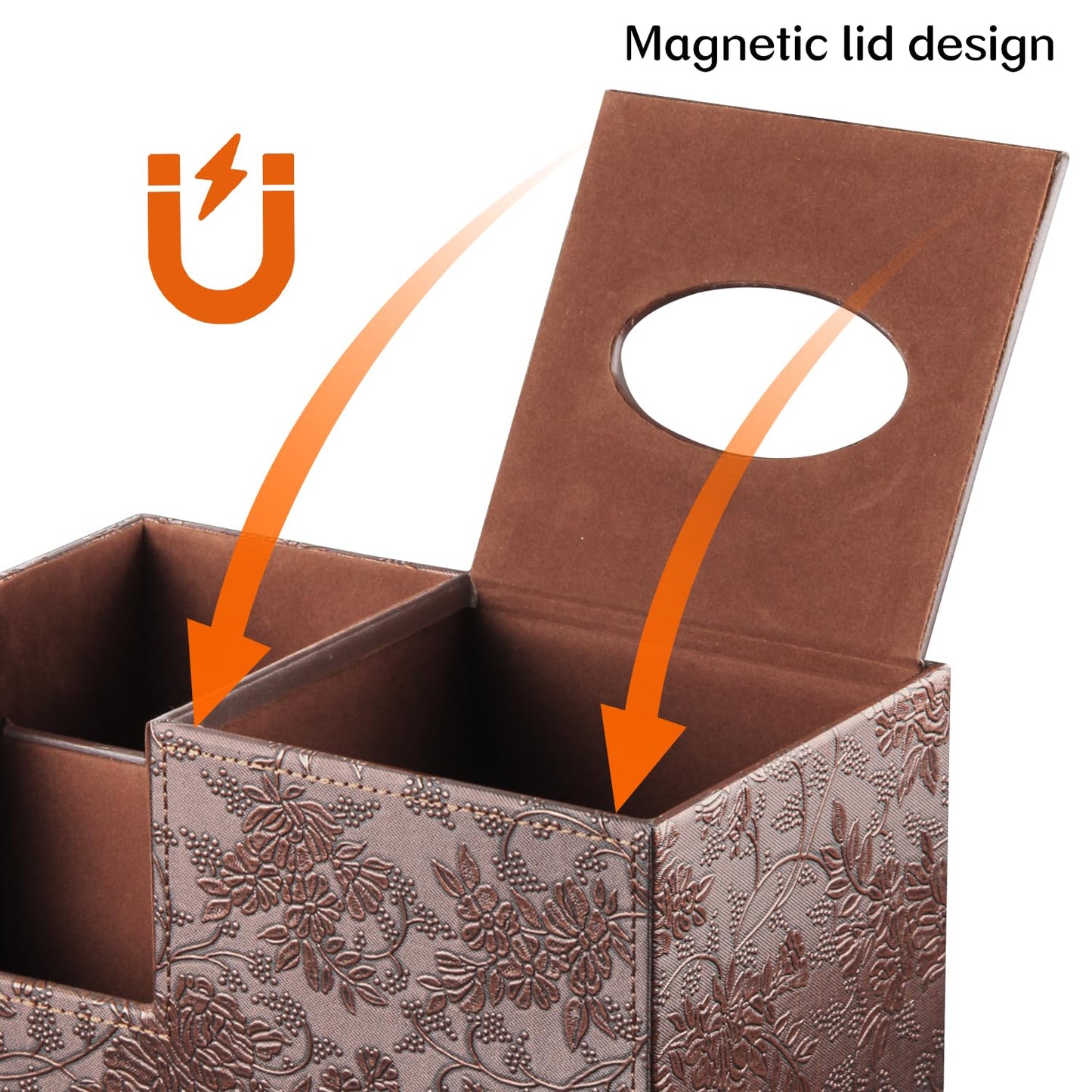 Fanousy Square Tissue Box Cover with Storage, PU Leather Cube Tissue Box Holder, Remote Control Nightstand Organizer, Modern Desk Caddy for End Table, Bathroom, Bedroom, Home, Office Decor
