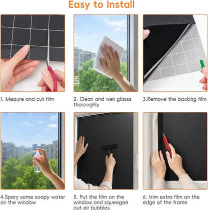 Blackout Window Privacy Film, Removable Window Cover Static Cling, Darkening Light Heat Blocking, Window Tint for Home Garage Bedroom Day Sleep, Black 35.4 Inch * 78.74 Inch