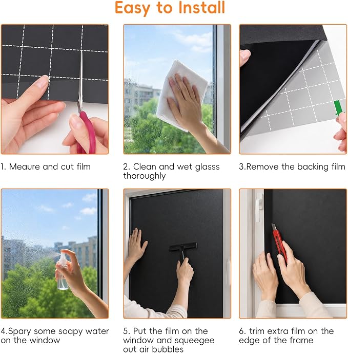 Blackout Window Privacy Film, Removable Window Cover Static Cling, Darkening Light Heat Blocking, Window Tint for Home Garage Bedroom Day Sleep, Black 47.2 Inch * 78.74 Inch