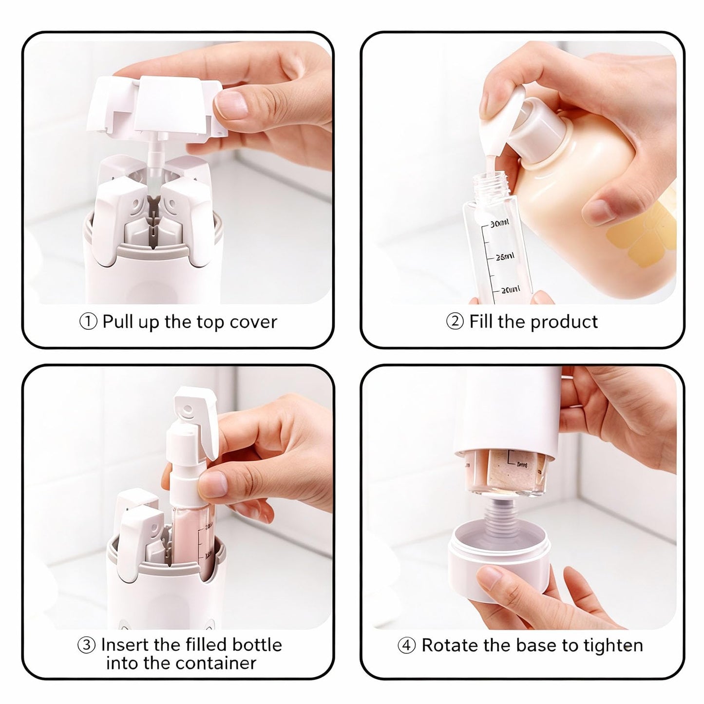 4 in 1 Travel Dispenser Bottle,4 Pack 30ML Travel Bottles for Toiletries, Leak Proof Travel Size Containers (White, OneSize)