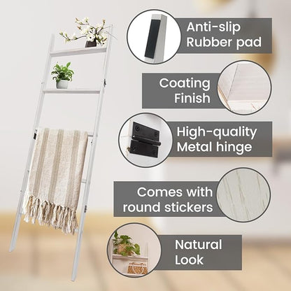 5-Tier Blanket Ladder – 4.8 Ft Wall Leaning Quilt Rack, Farmhouse Blanket Storage for Living Room, Bedroom & Bathroom – Rustic Decorative Wooden Towel & Quilt Holder, Easy to Assemble