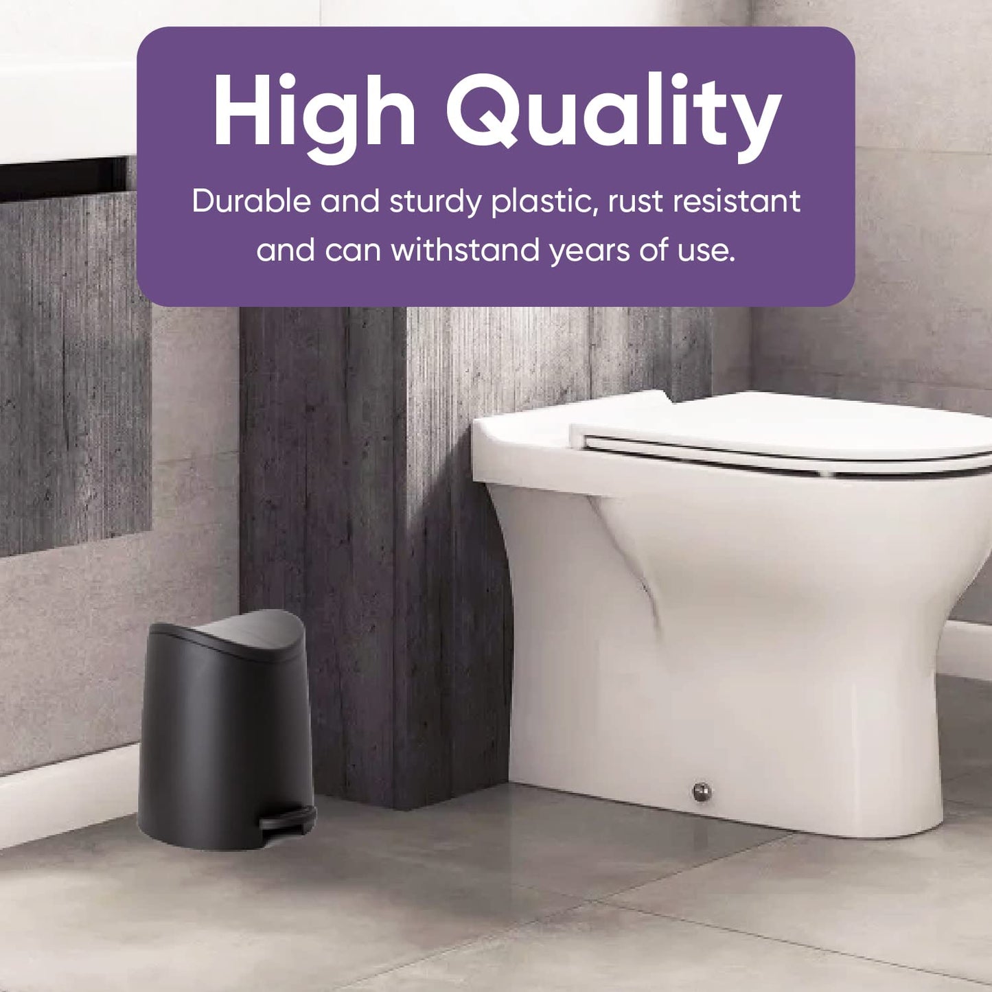 Superio MIni Plastic Bathroom Trash Can with Lid 3 Liter Black Modern Curved Step On Trash Can with Foot Pedal, Mini Kitchen Waste Bin, Durable and Soft Close for Bedroom, Office, Under Desk