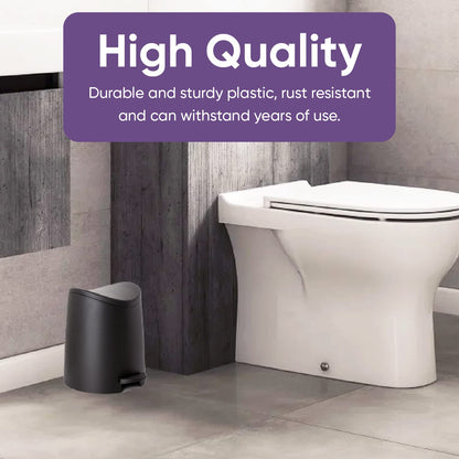 Superio MIni Plastic Bathroom Trash Can with Lid 3 Liter Black Modern Curved Step On Trash Can with Foot Pedal, Mini Kitchen Waste Bin, Durable and Soft Close for Bedroom, Office, Under Desk