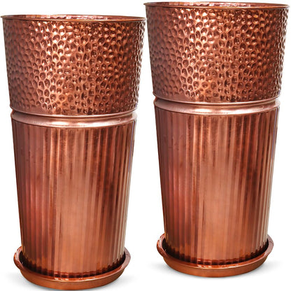 Megawodar 2 Pcs Pack Metal Tall Tapered Planter Pots Large Round Planter Flower Pot with Drainage Holes for Indoor Outdoor Deck Porch Garden Home Patio Front Door (Glossy Copper, Small)