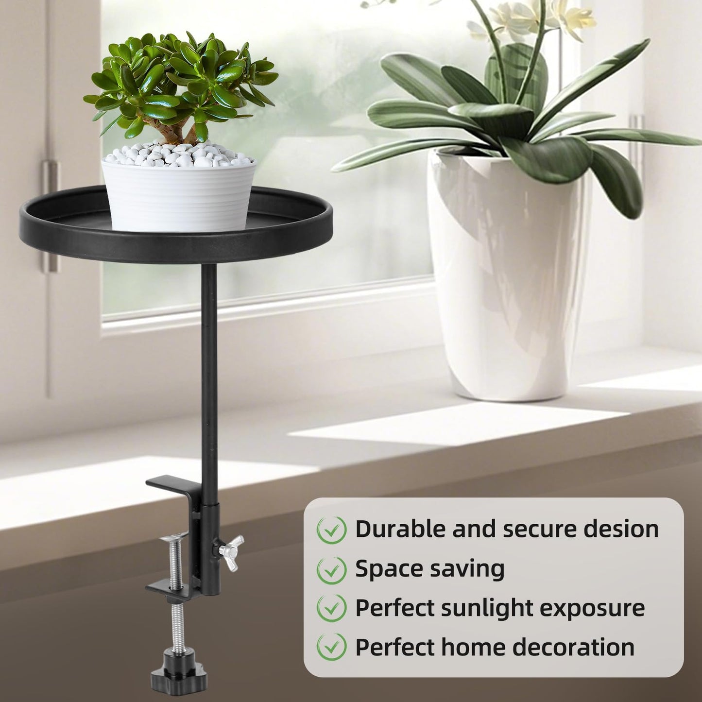 2Pack Window Plant Shelves Stand Holder 7.9inch Adjustable Windowsill Clamp Tray Round Metal Windowsill Extension Tray Window Planter Floating Shelf for Plants for Indoor Plants Home Decor, Black
