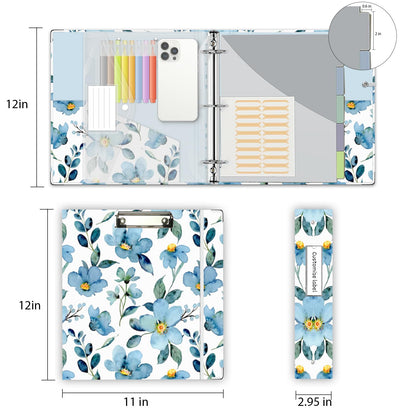 2 Inch 3 Ring Binder Organizer, Three Ring Binders with Clipboard, 5-Tabs Pockets Dividers, Plastic Folder, 18 Divider Stikers, KLLVE Decorative Binder with Pen Loop (Blue Flora, Letter Size)
