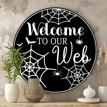 Generic Welcome To Our Web Round Aluminum Sign Halloween Metal Tin Signs Autumn Witch Ghost Pumpkin Wall Decor Sign For Home Kitchen Cafe 8x8 Inch