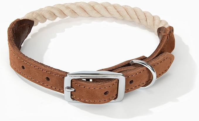 Mile High Life Genuine Leather Dog Collar, Durable Braided Cotton Rope Collar with Metal Pin Buckle for Small Medium Large Dogs (Beige, S Neck 11"-15")