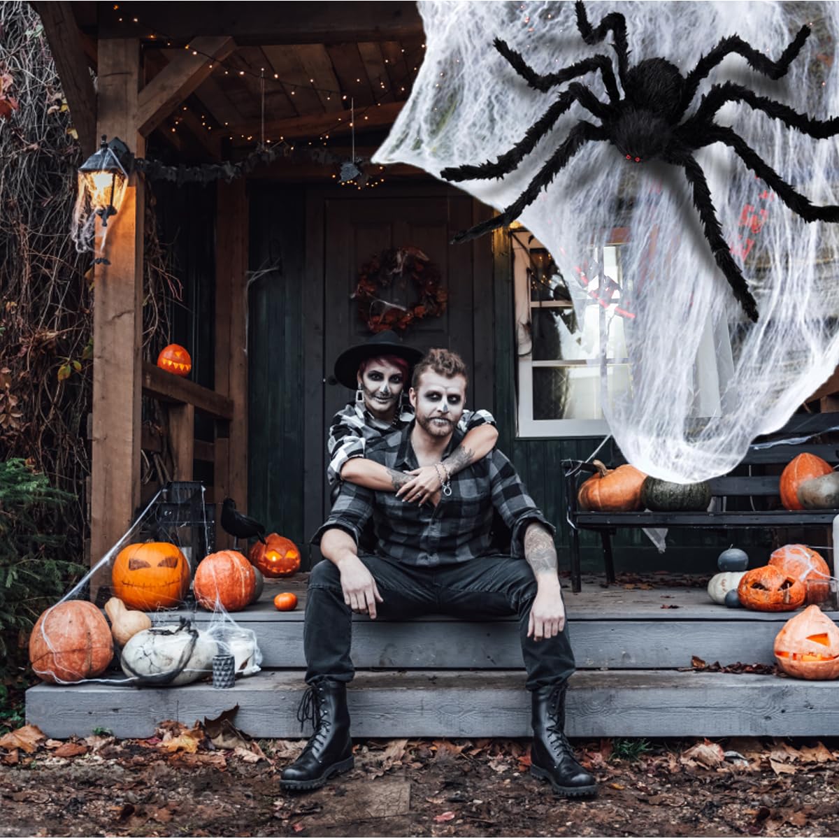 Epesl Halloween Giant Spider Outdoor Decorations, 7.5Ft Huge Hairy Black Spider, Scary Fake Spider Props for Halloween Indoor, Outdoor and Yard Patio Window Creepy Decor Supplies
