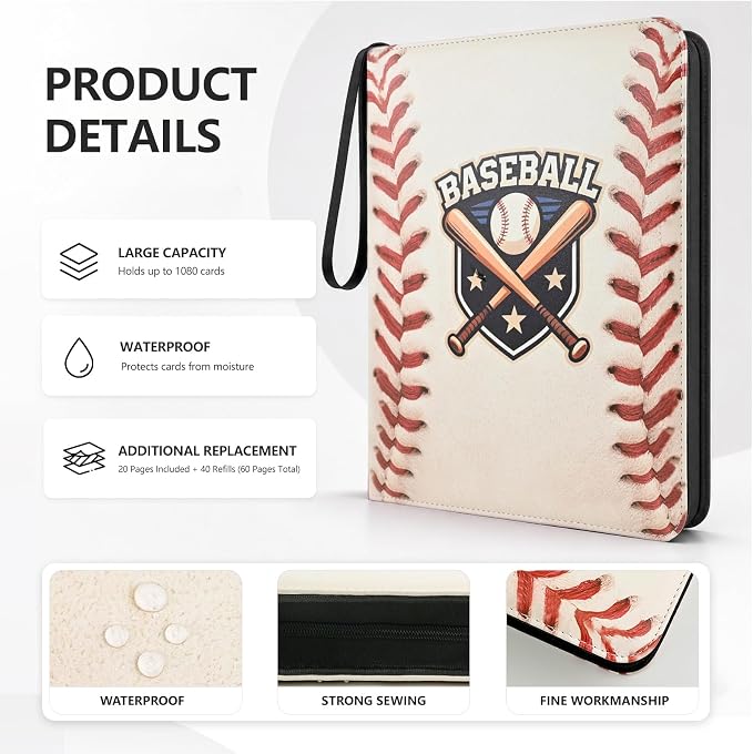 Baseball Card Binder,9 Pocket Trading Card Zip Binder, 1080 Pockets Holder Sheets Display Storage Protectors,Baseball