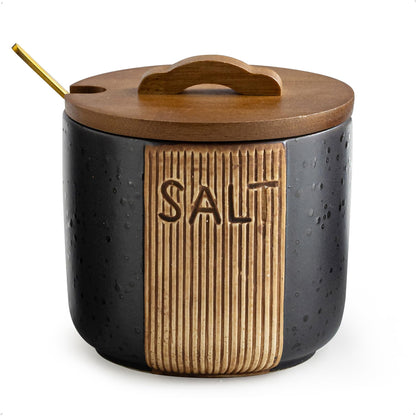 YHOJOY Salt Container for Countertop, Ceramic Salt Cellar with Lid & Spoon, Farmhouse Salt Bowl for Mother's Day, 10 OZ, Black