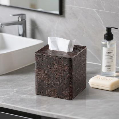 Square Tissue Box Cover, Stylish Leather Tissue Box Holder with Magnetic Bottom, Used As A Decorative Tissue Holder for Living Rooms, Bedrooms, and Desks (Brown Grape Pattern)