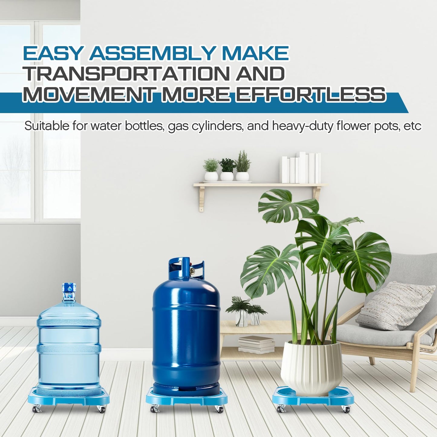SiliFine 2 Pack 5 Gallon Water Bottle Jug Caddy with 4 Rolling Swivel Casters Wheels 5 Gallon Bucket Dolly for Heavy Duty Garden Flower Pot Movers, Plant Stroller, 11" Inside Diameter (Blue)