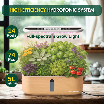 Hydroponics Growing System Kit, Indoor Herb Garden, 14 Pods Upgraded LCD Display, LED Grow Light Quiet Smart Water Pump Automatic Timer, Hydroponic Planter for Home Kitchen Office (White)