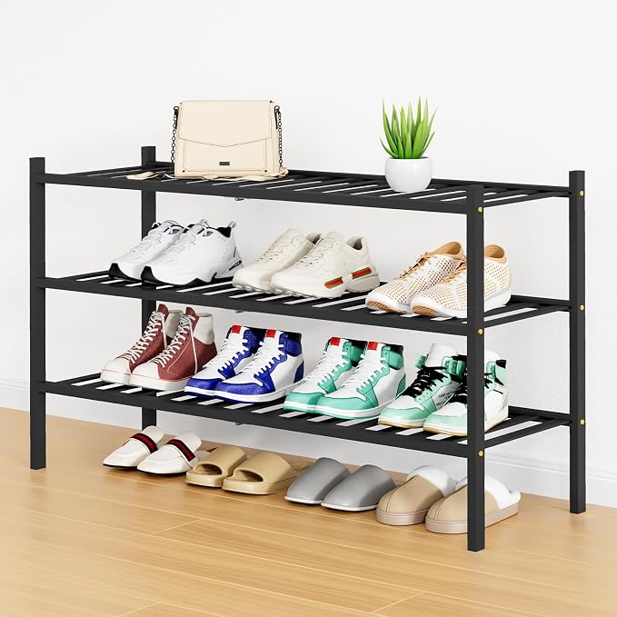 Smiry Long Bamboo Shoe Rack, 3 Tier Free Standing Wooden Shoe Organizer, Stackable Wood Shoe Storage Shelf for Closet, Entryway, 12 Vertical Slats, 2+1 Stack Standard Legs, 33.7"x11"x19.5", Black
