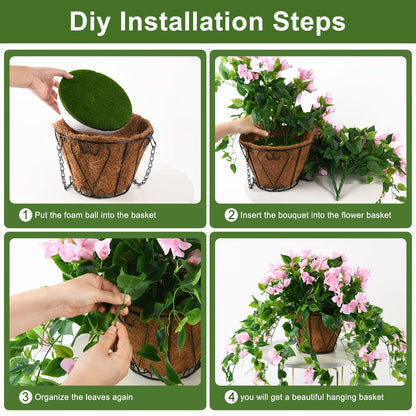 Homsunny Artificial Hanging Flowers Plants Basket for Outdoor Decoration,4 PCS Faux Silk Bougainvillea Vine Flowers Look Real UV Resistant for Outside Porch Patio Yard Garden Decor(Pink