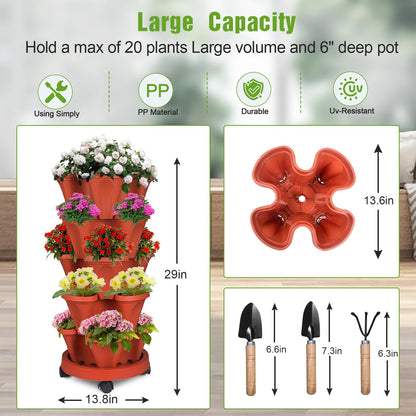 Bociks Vertical Strawberry Planter 5 Tier Stackable Tower Herb Planters Stacking Outdoor Garden Planters Pot With Tools Mover For Growing Flowers, Vegetables and Succulents