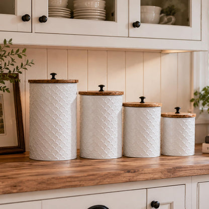 MODE HOME White Metal Kitchen Canister Set of 4 with Wooden Lids, Embossed Fish Scale Storage Containers for Coffee, Tea, Candy & Pet Treats, Farmhouse Decorative Food Jars